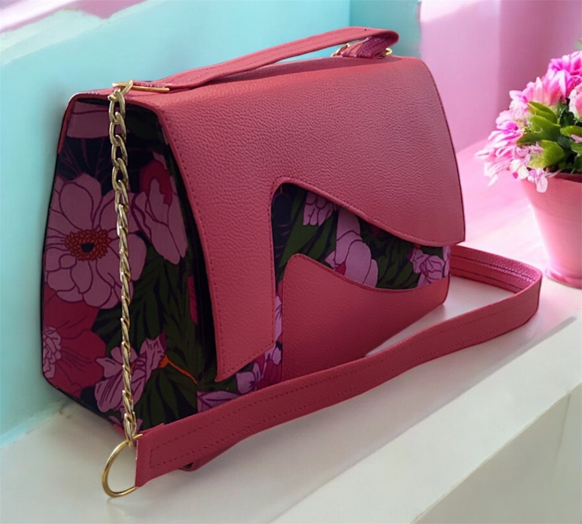 SAC A MAIN EN PAGNE ROSE / FLEURI